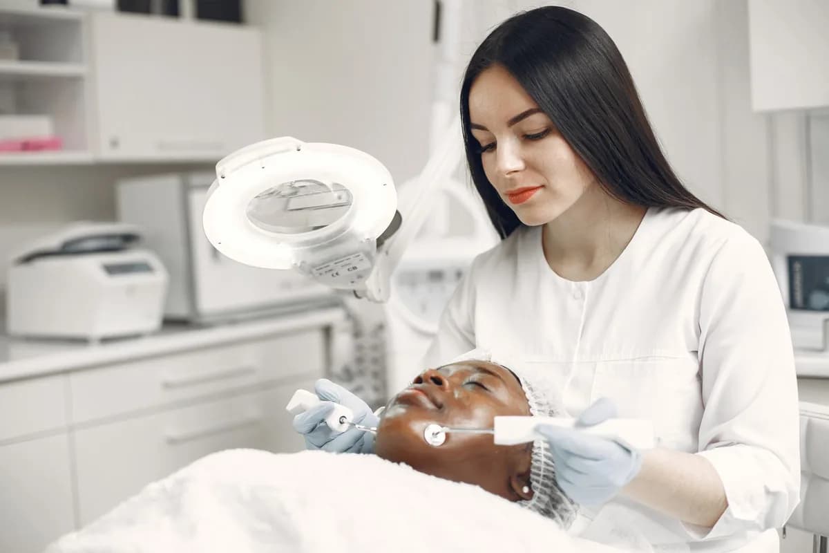 Profissional de jaleco branco realizando cuidado de pele com lupa de aumento em cliente deitada na maca